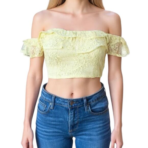 NEW HYFVE Yellow Lace Ruffle Off the Shoulder Summer Crop Top - Picture 2 of 7